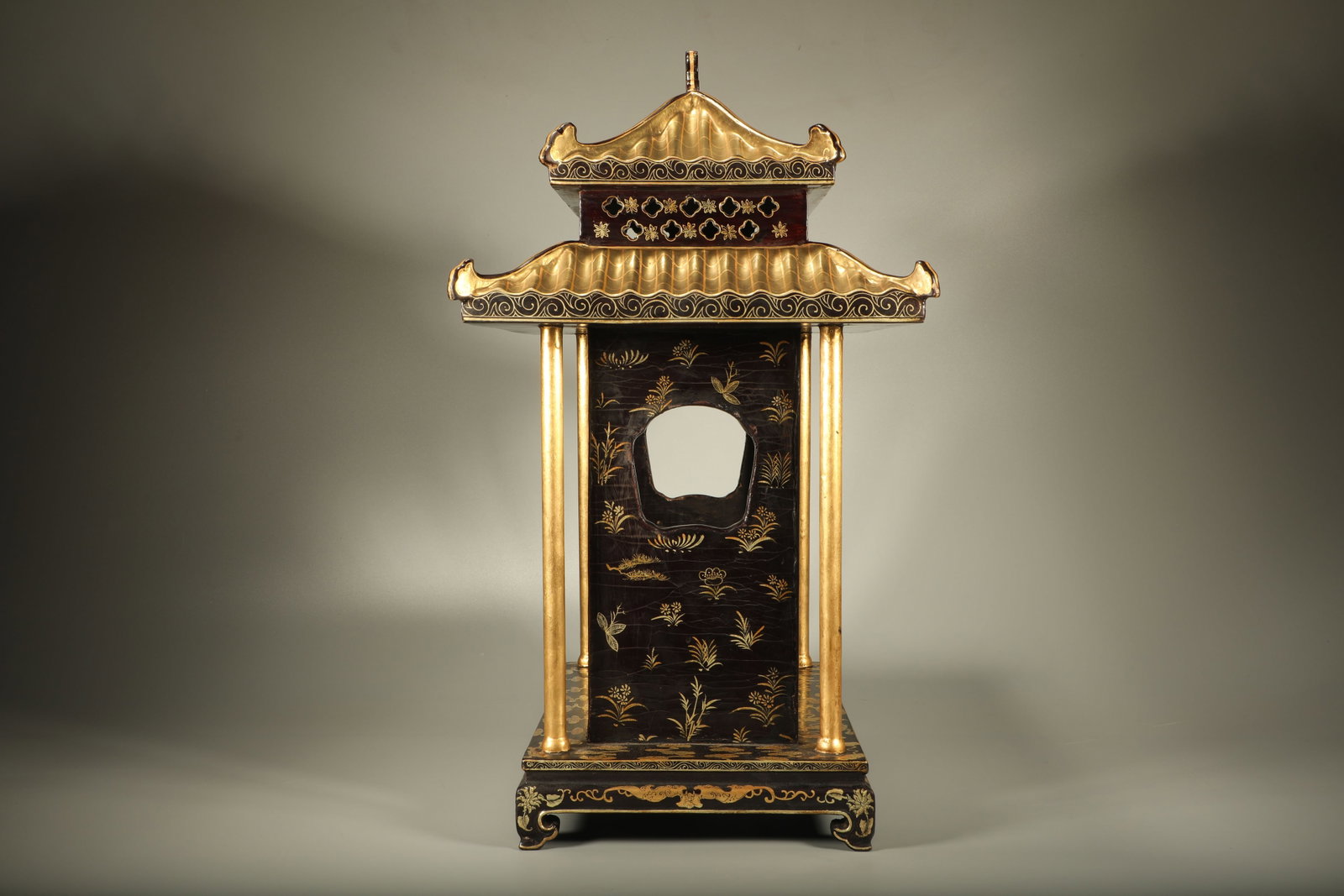 Lacquerware Gold Drawing Cloud and Flower Pattern Buddha Niche - 4