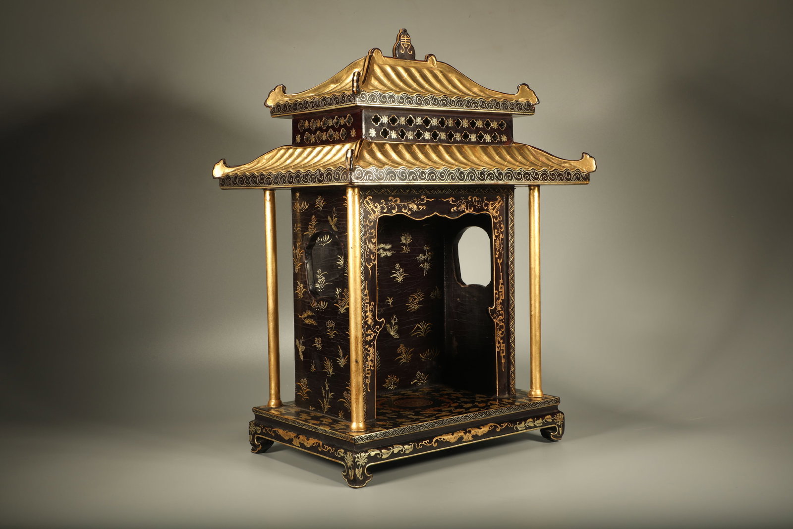 Lacquerware Gold Drawing Cloud and Flower Pattern Buddha Niche - 5