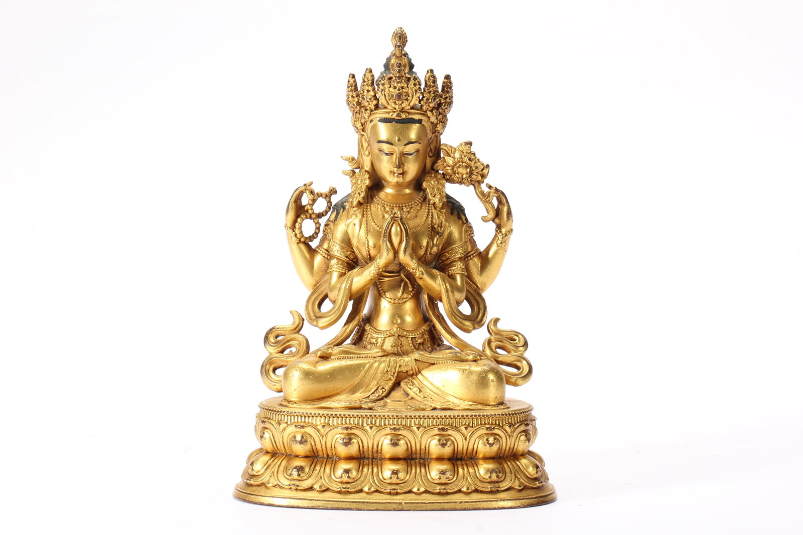 Gilt Bronze Four Armed GuanYin Figure: Gilt Bronze Four Armed GuanYin Figure (8 x 10.5 x 15.5cm?740g)