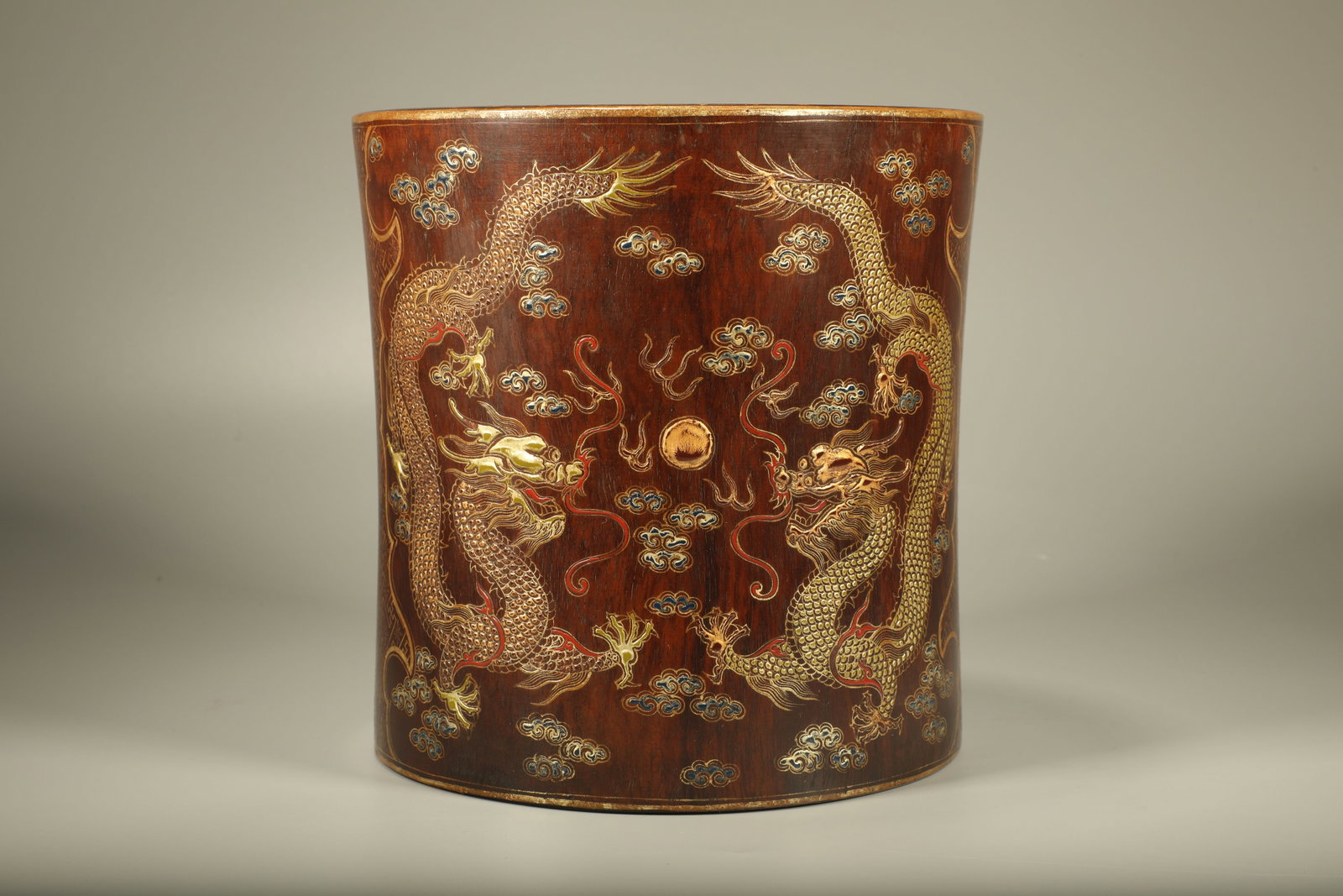Huanghuali Wood Gold Drawing Colour Painted Cloud and Dragon Pattern Brush Pot: Huanghuali Wood Gold Drawing Colour Painted Cloud and Dragon Pattern Brush Pot (19.5 x 19.5cm)