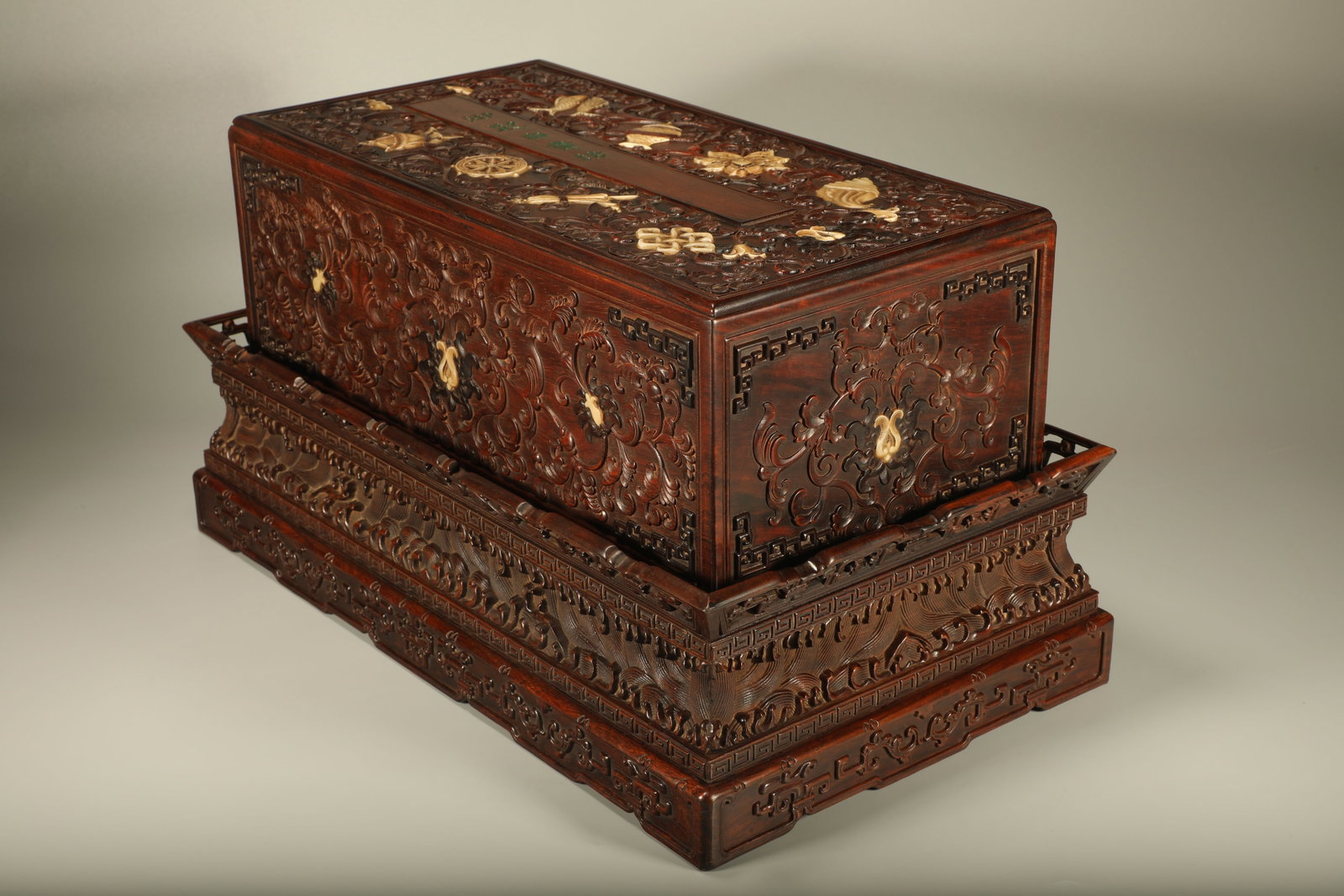 Huanghuali Wood Inlaid Gem Stone Carved Flower and Eight Treasure Pattern Lid Box (1 of 7)