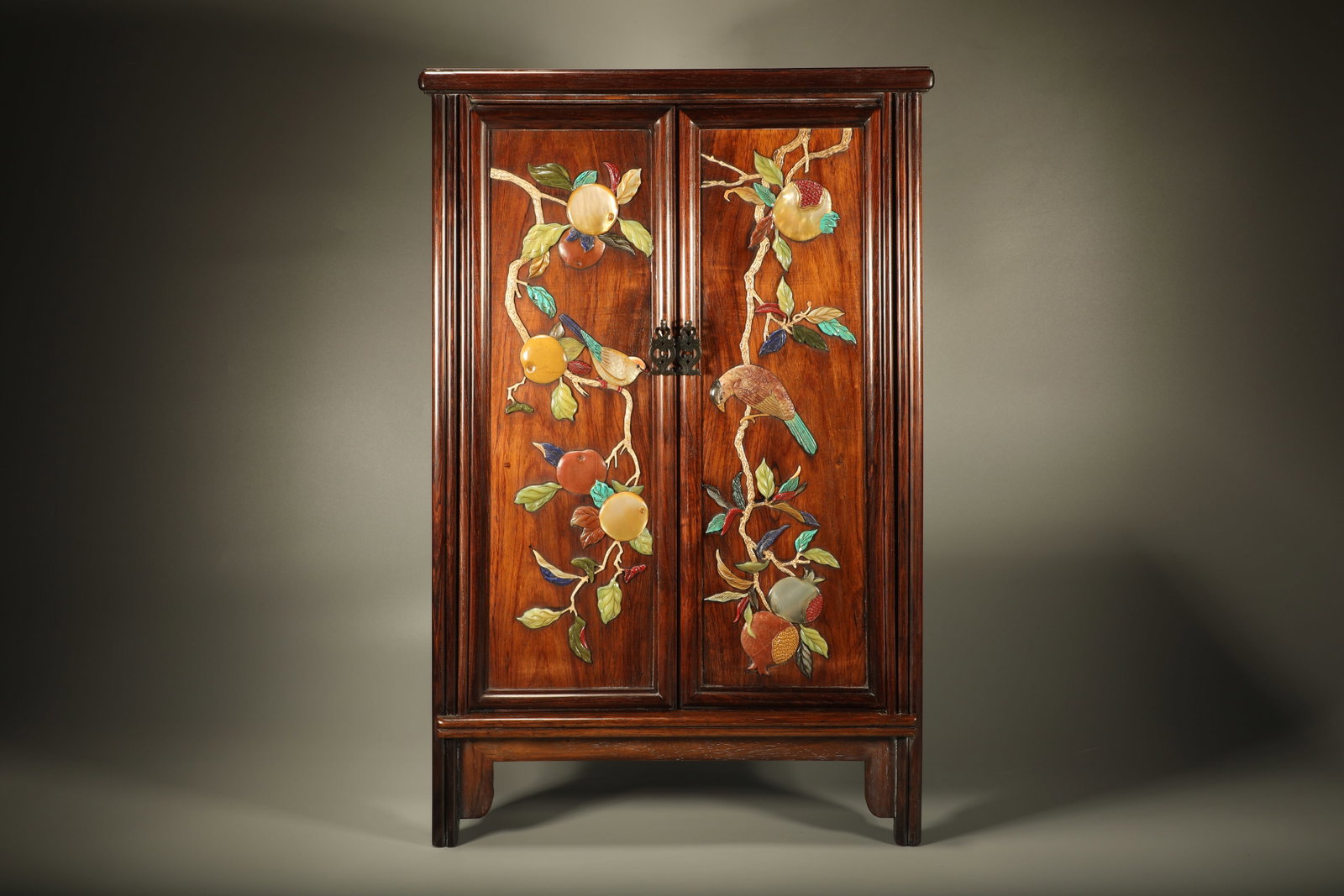 Huanghuali Wood Inlaid Multi GemStone Carved Bird and Pomegranate Pattern Cabinet: Huanghuali Wood Inlaid Multi GemStone Carved Bird and Pomegranate Pattern Cabinet (37 x 20 x 58.5cm)