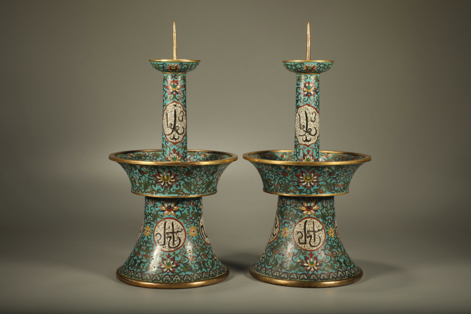 Pair of Bronze Cloisonne Carved Flower and Arven Pattern Candlestick (1 of 7)