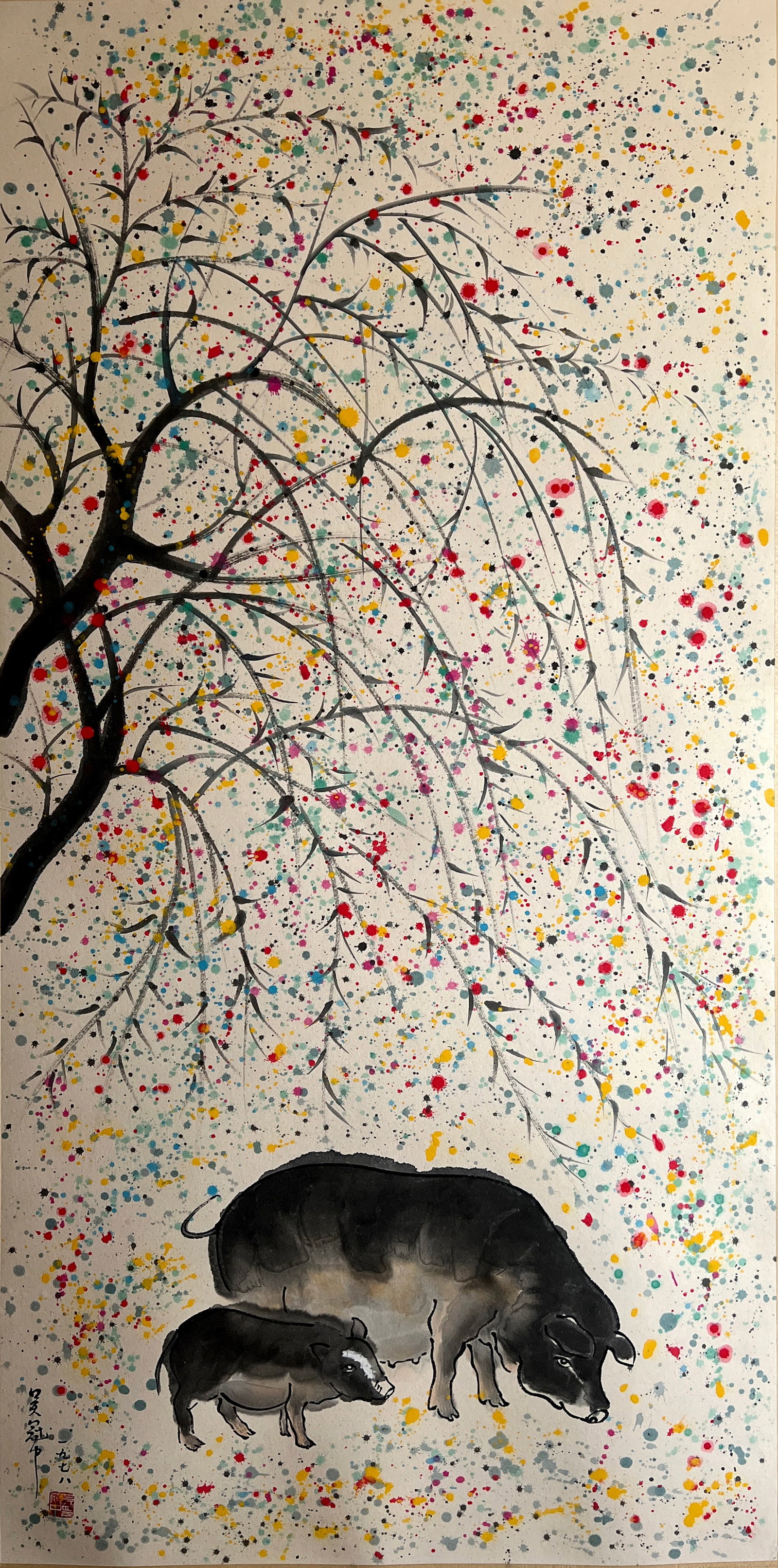 Wu Guanzhong mark. Chinese Two Ox painting. Ink and Color on Paper. Mounted.: Wu Guanzhong mark. Chinese Two Ox painting. Ink and Color on Paper. Mounted. (135 x 68cm)