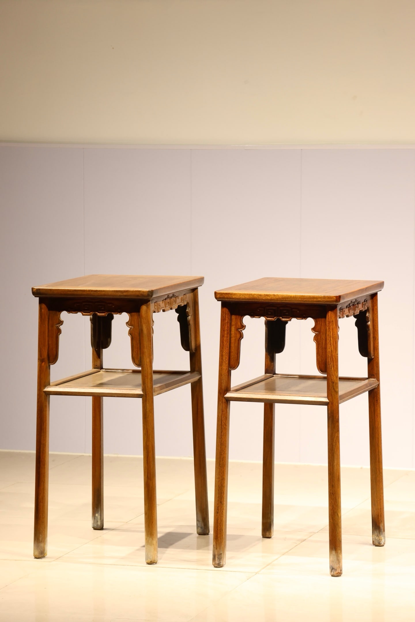 Pair of Huanghuali Wood Carved Dragon Pattern Square Table: Pair of Huanghuali Wood Carved Dragon Pattern Square Table (46 x 36 x 76.5cm)