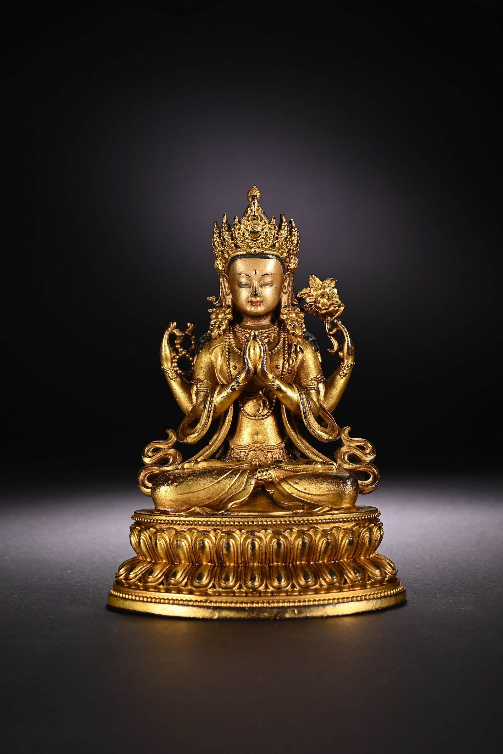 Gilt Bronze Four Armed GuanYin Figure: Gilt Bronze Four Armed GuanYin Figure (10.6 x 7.4cm)