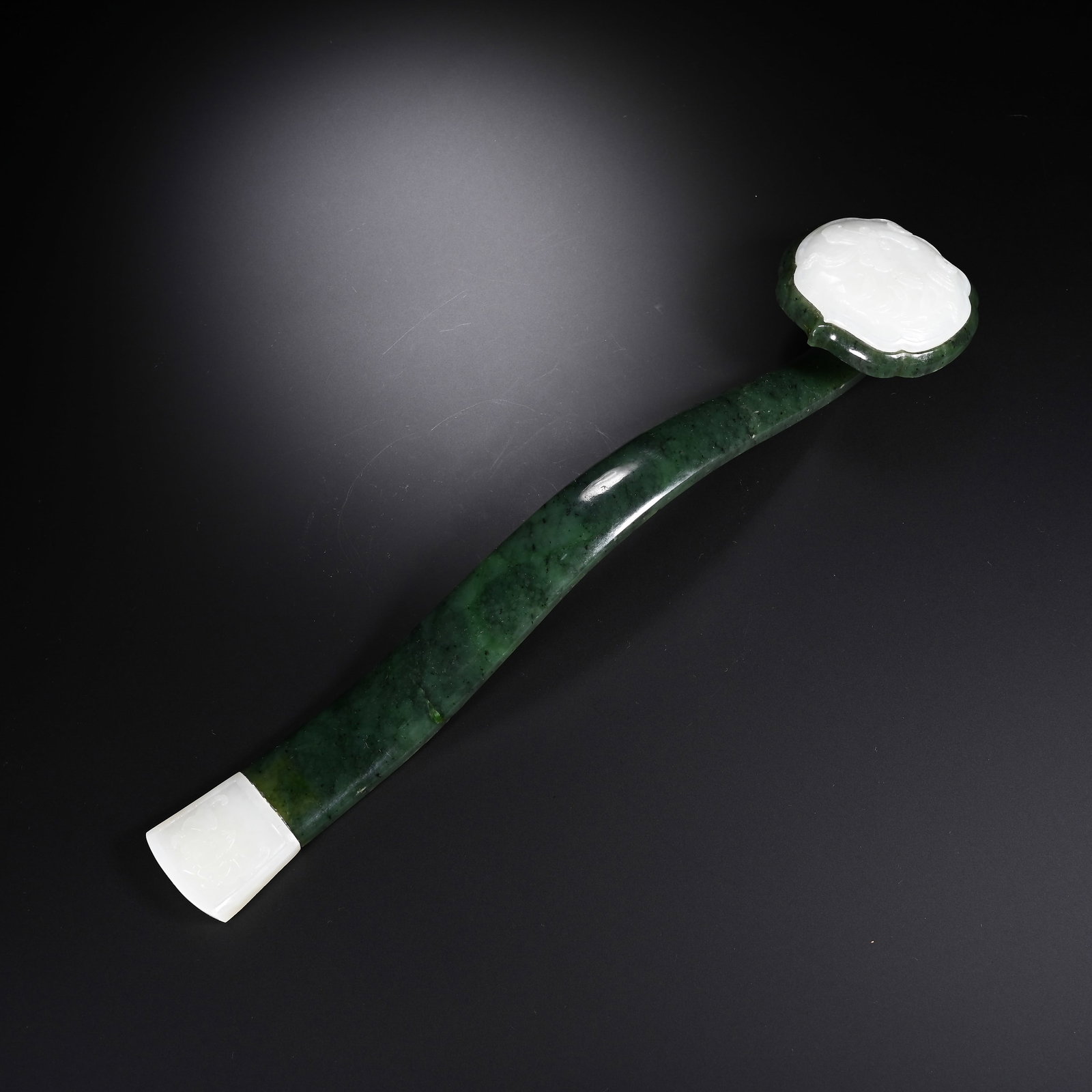 Jasper Jade Inlaid Jade Carved Reishi Mushroom Pattern RuYi Ornament: Jasper Jade Inlaid Jade Carved Reishi Mushroom Pattern RuYi Ornament (29 x 6.5cm)