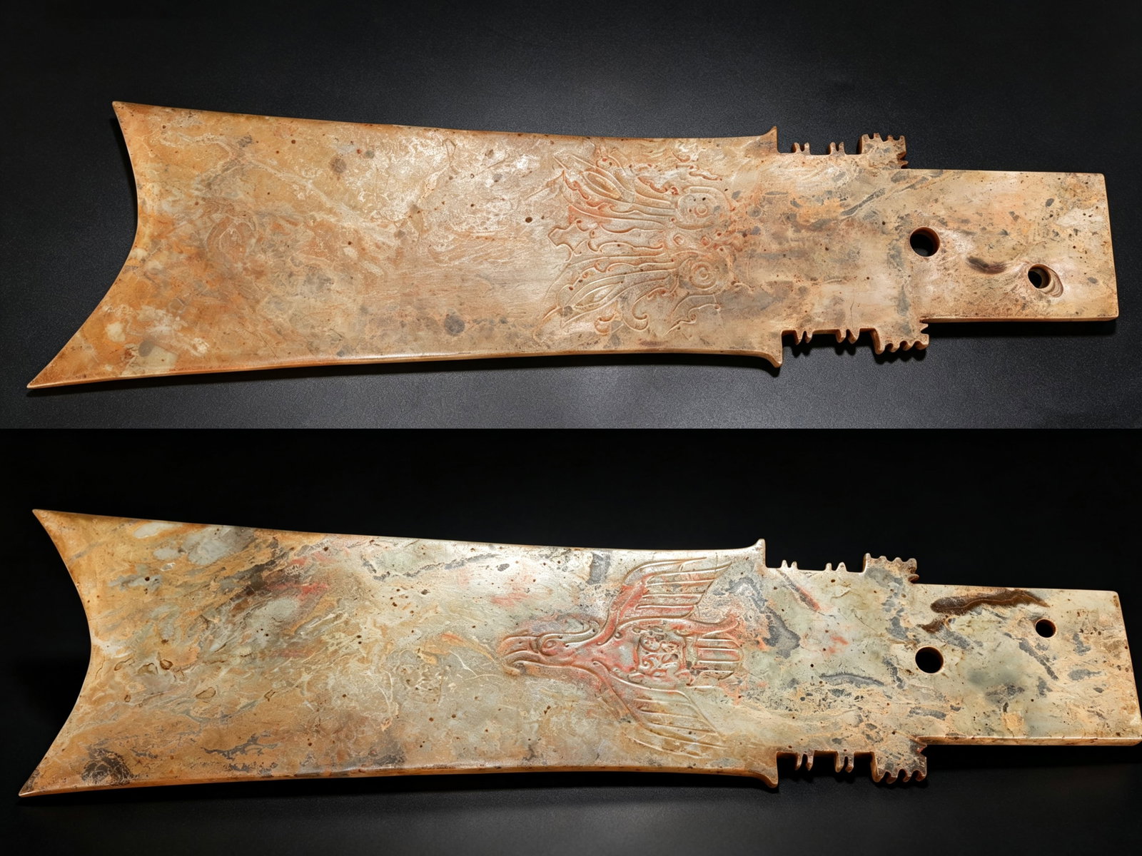 Jade Carved Beast Face and Bird Pattern Zhang: Jade Carved Beast Face and Bird Pattern Zhang (40.3 x 10.5 x 0.8cm)