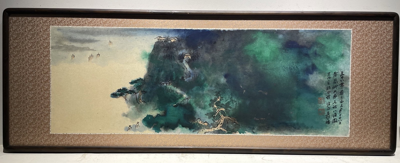 Chinese Drawing Colored Landscape Painting Wood Frame,Zhang Daqian Mark: Chinese Drawing Colored Landscape Painting Wood Frame,Zhang Daqian Mark (124 x 45cm)