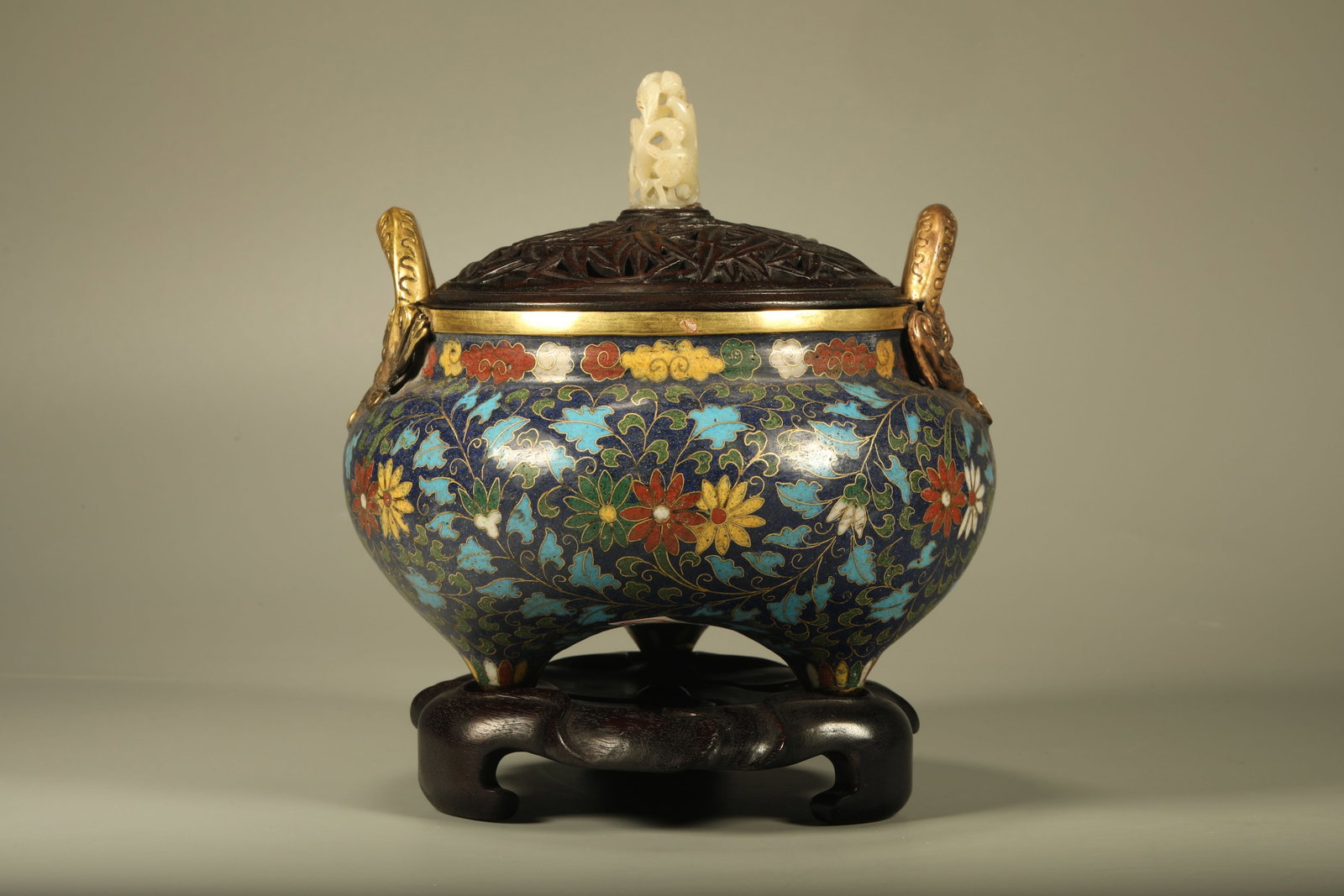 Bronze Cloisonne Carved Flower Pattern Double Chi Dragon Ears Incense Burner: Bronze Cloisonne Carved Flower Pattern Double Chi Dragon Ears Incense Burner (17.5 x 16cm)