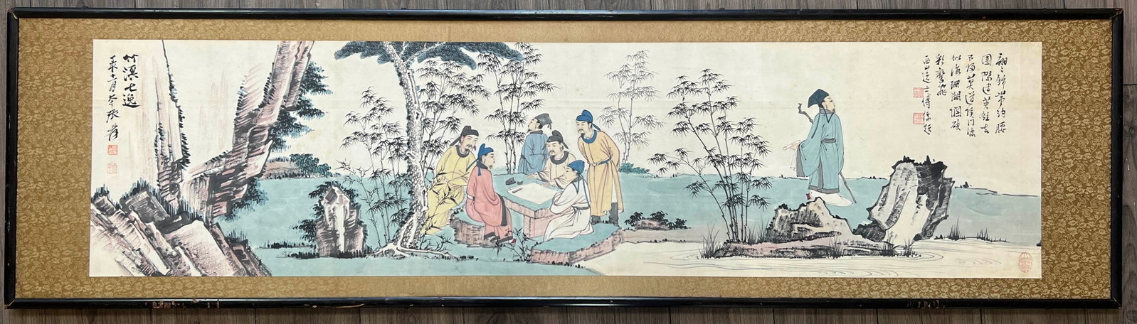 Chinese Drawing Bamboo and Character Story Painting Wood Frame,Zhang Daqian Mark: Chinese Drawing Bamboo and Character Story Painting Wood Frame,Zhang Daqian Mark (162 x 44cm)