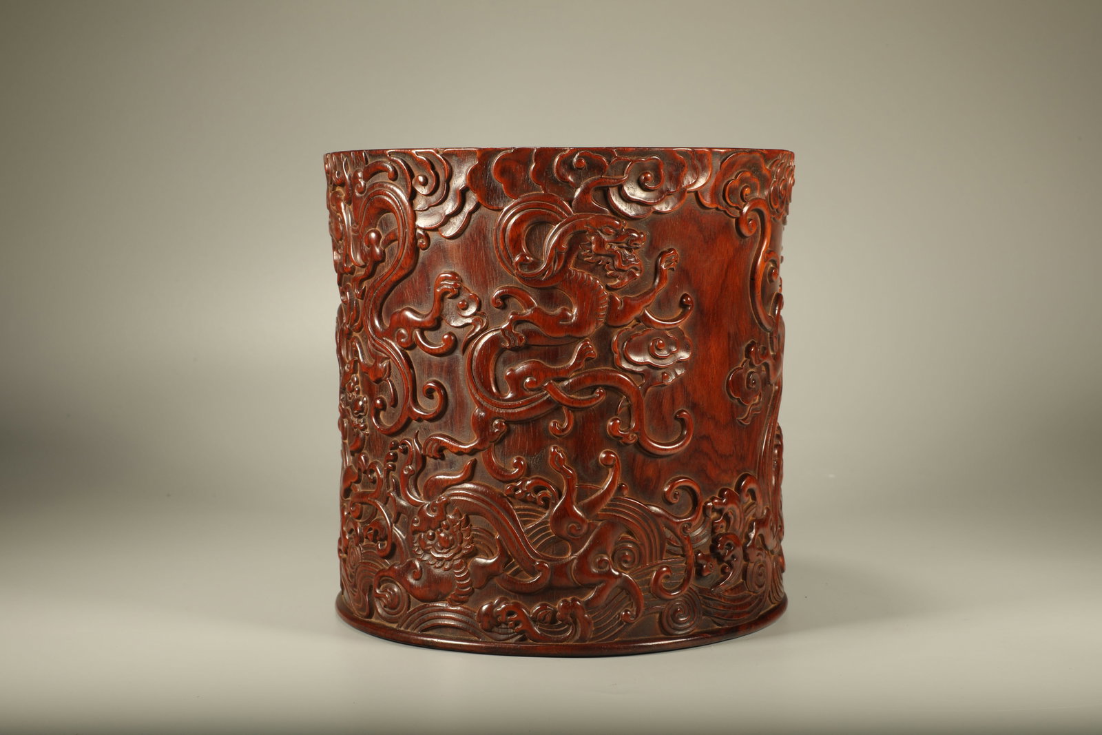 Lacquerware Red Carved Chi Dragon and Sea Wave Pattern Brush Pot: Lacquerware Red Carved Chi Dragon and Sea Wave Pattern Brush Pot (19.5 x 19.5cm)