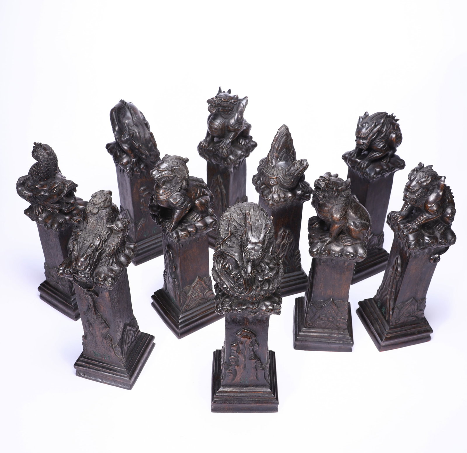Group of Nine Agarwood Carved Beast Shape Ornament: Group of Nine Agarwood Carved Beast Shape Ornament (30cm,Weight 4000g)