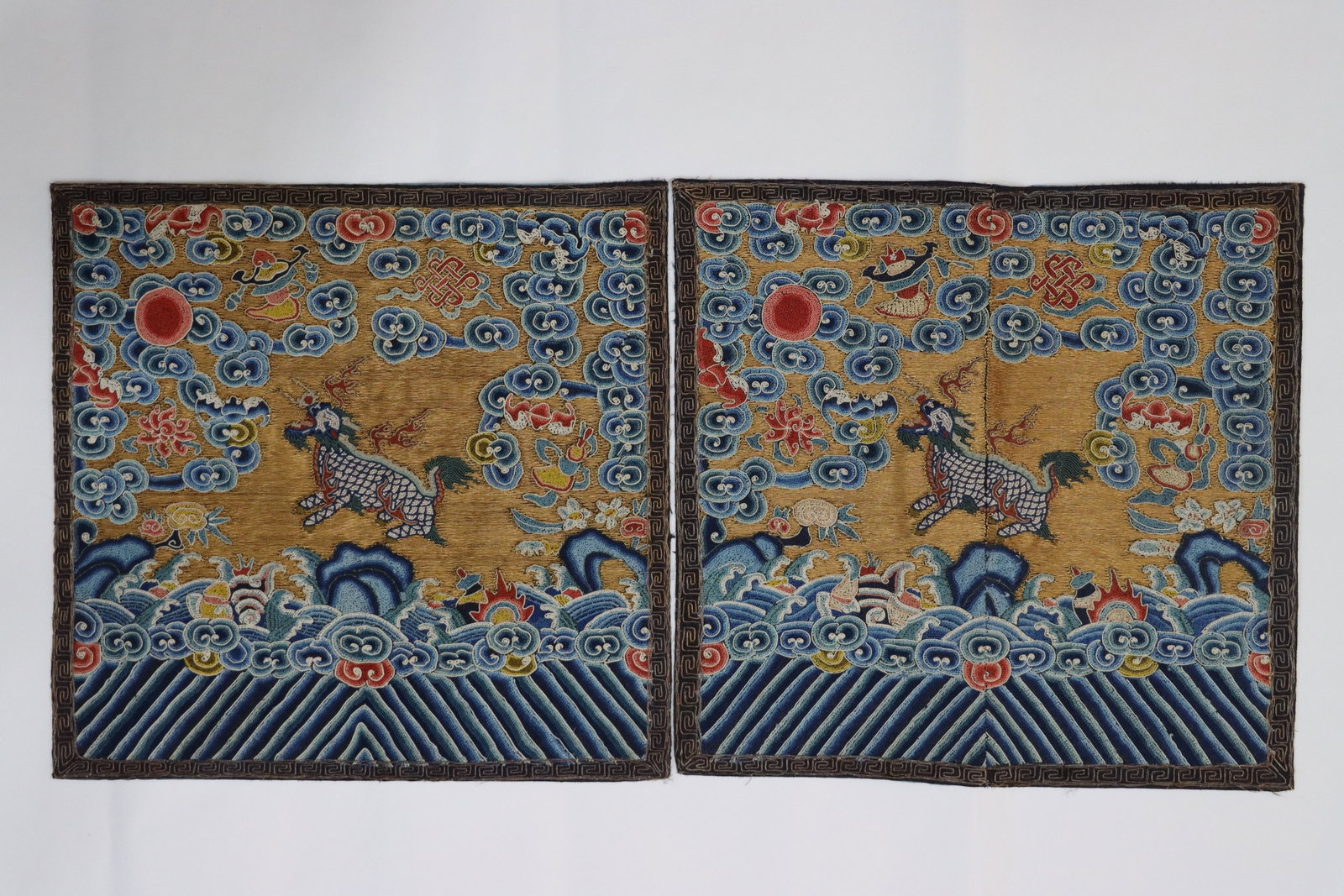 Pair of Silk Embroidery Sea Wave and Kirin Pattern Buzi: Pair of Silk Embroidery Sea Wave and Kirin Pattern Buzi (30 x 29cm)