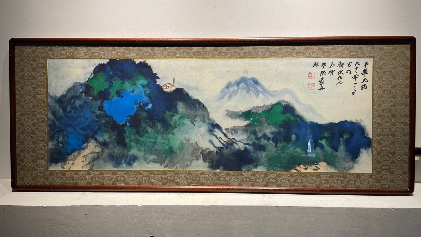 Chinese Drawing Colored Landscape Painting Wood Frame,Zhang Daqian Mark: Chinese Drawing Colored Landscape Painting Wood Frame,Zhang Daqian Mark (123 x 48cm)