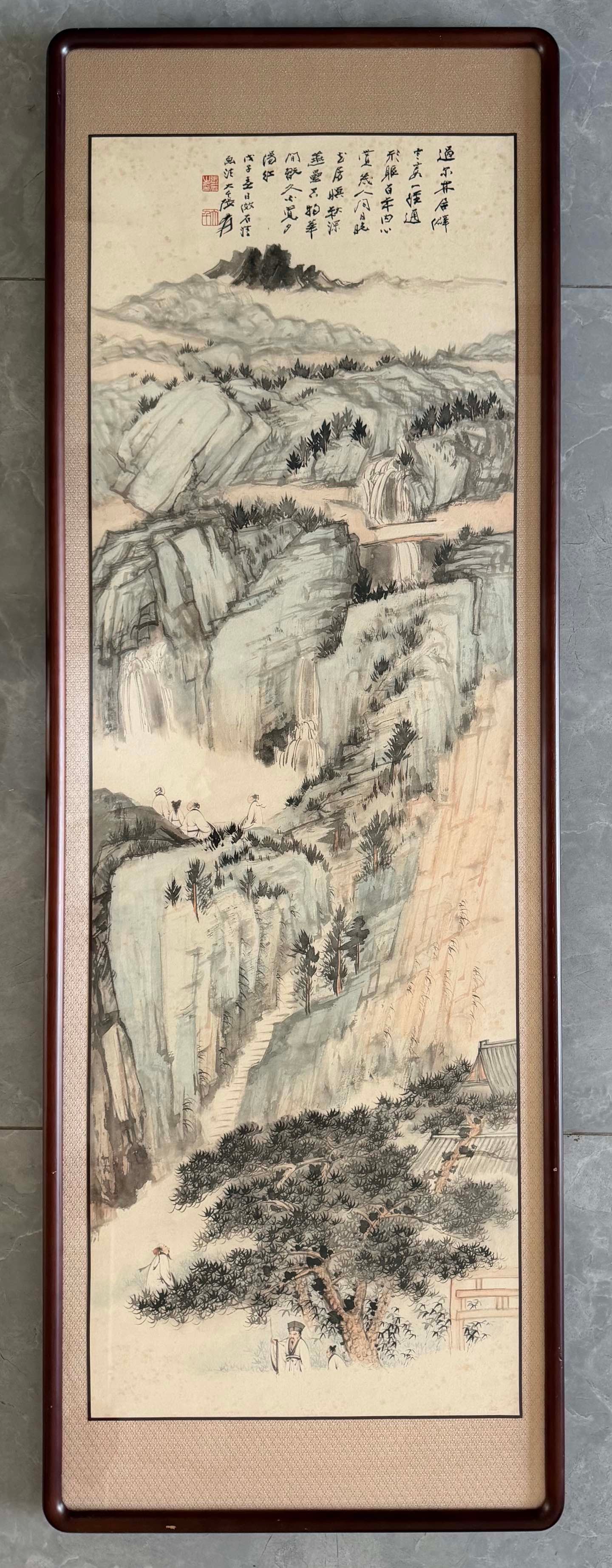 Chinese Drawing Landscape Painting Wood Frame,Zhang Daqian Mark: Chinese Drawing Landscape Painting Wood Frame,Zhang Daqian Mark (139 x 48cm)