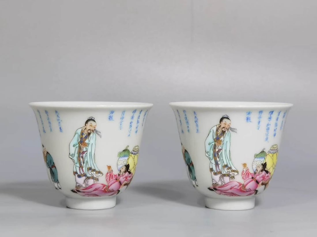 Pair of Famille Rose Character Story and Poetry Pattern Porcelain Cup: Pair of Famille Rose Character Story and Poetry Pattern Porcelain Cup (6.2 x 5.2cm)