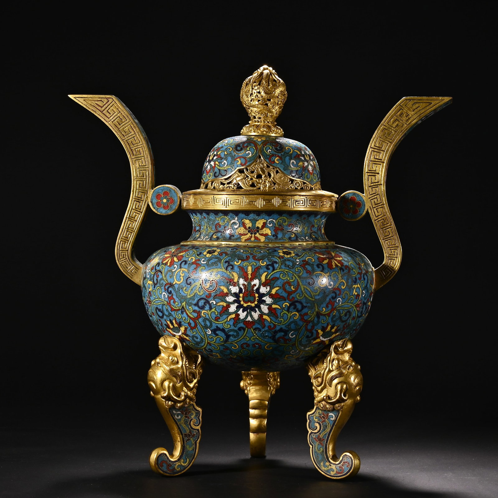 Bronze Cloisonne Carved Flower Pattern Double Ears Incense Burner: Bronze Cloisonne Carved Flower Pattern Double Ears Incense Burner (37 x 34.5cm)