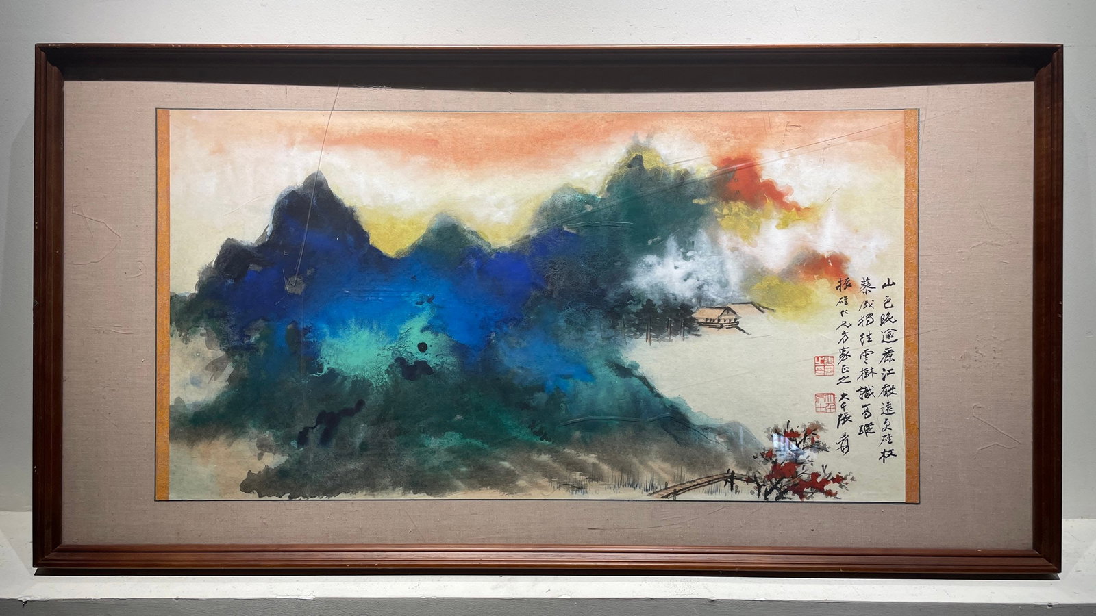 Chinese Drawing Colored Landscape Painting Wood Frame,Zhang Daqian Mark: Chinese Drawing Colored Landscape Painting Wood Frame,Zhang Daqian Mark (102 x 52cm)