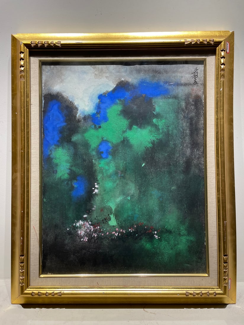 Chinese Drawing Colored Landscape Painting Wood Frame,Zhang Daqian Mark: Chinese Drawing Colored Landscape Painting Wood Frame,Zhang Daqian Mark (68 x 56cm)