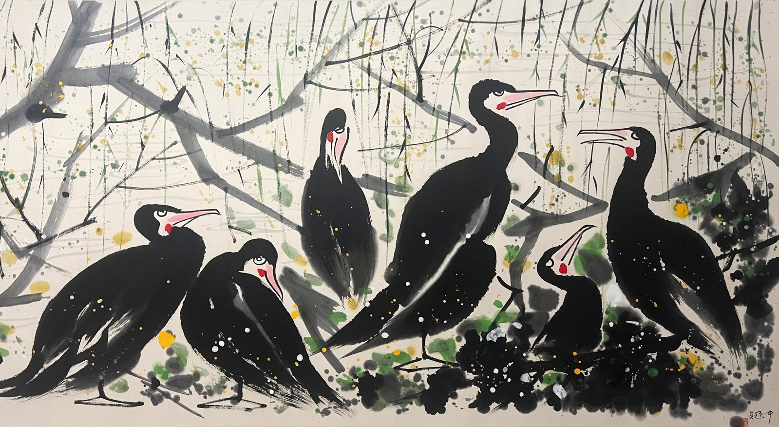 Wu Guanzhong mark. Chinese Aquatic Birds painting. Ink and Color on Paper. Mounted.: Wu Guanzhong mark. Chinese Aquatic Birds painting. Ink and Color on Paper. Mounted. (125 x 68cm)