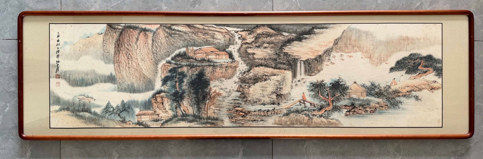 Chinese Drawing Landscape Painting Wood Frame,Zhang Daqian Mark: Chinese Drawing Landscape Painting Wood Frame,Zhang Daqian Mark (169 x 48cm)