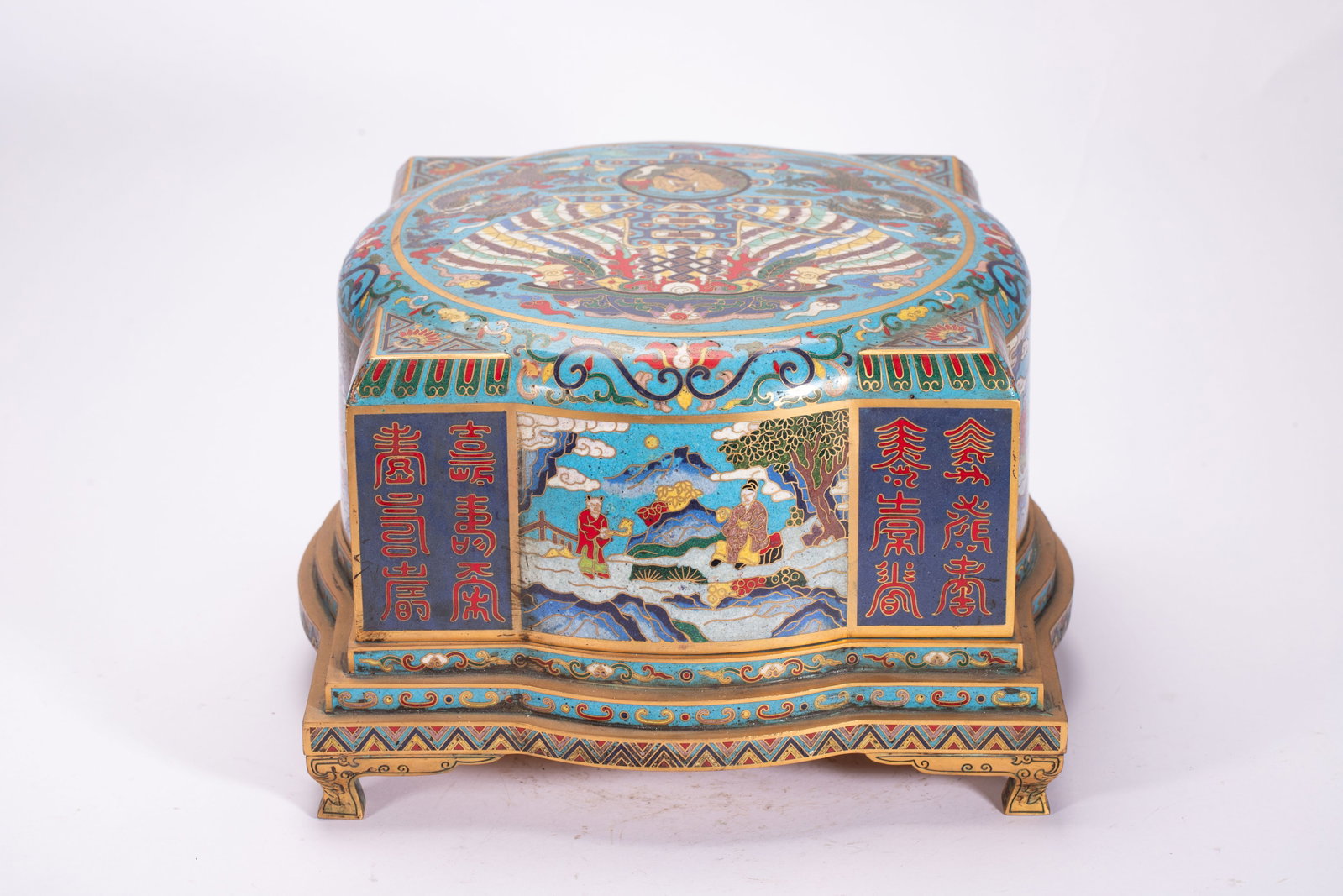 Bronze Cloisonne Carved Character Story and Dragon Pattern Lid Box: Bronze Cloisonne Carved Character Story and Dragon Pattern Lid Box (27 x 17cm,,Weight 5910g)