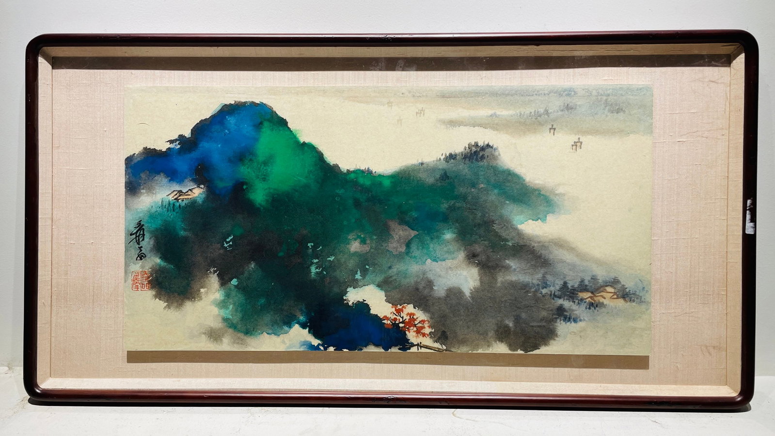 Chinese Drawing Colored Landscape Painting Wood Frame,Zhang Daqian Mark: Chinese Drawing Colored Landscape Painting Wood Frame,Zhang Daqian Mark (92 x 47cm)