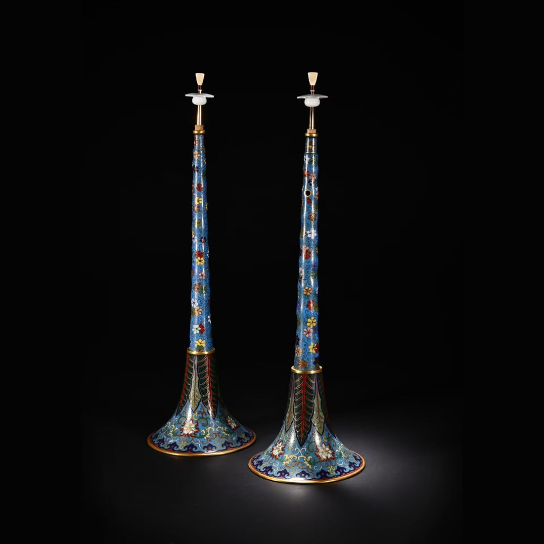 Pair of Bronze Cloisonne Carved Flower Pattern Suona Horn: Pair of Bronze Cloisonne Carved Flower Pattern Suona Horn