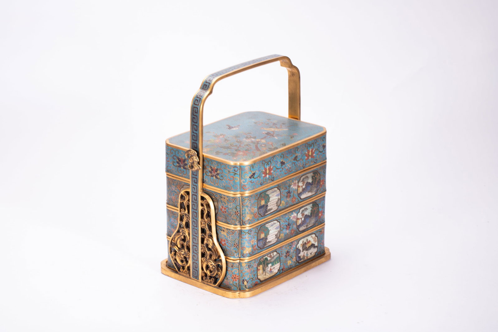 Bronze Cloisonne Carved Flower and Bird Pattern Food Tray Box: Bronze Cloisonne Carved Flower and Bird Pattern Food Tray Box (18 x 14 x 26cm,Weight 4090g)