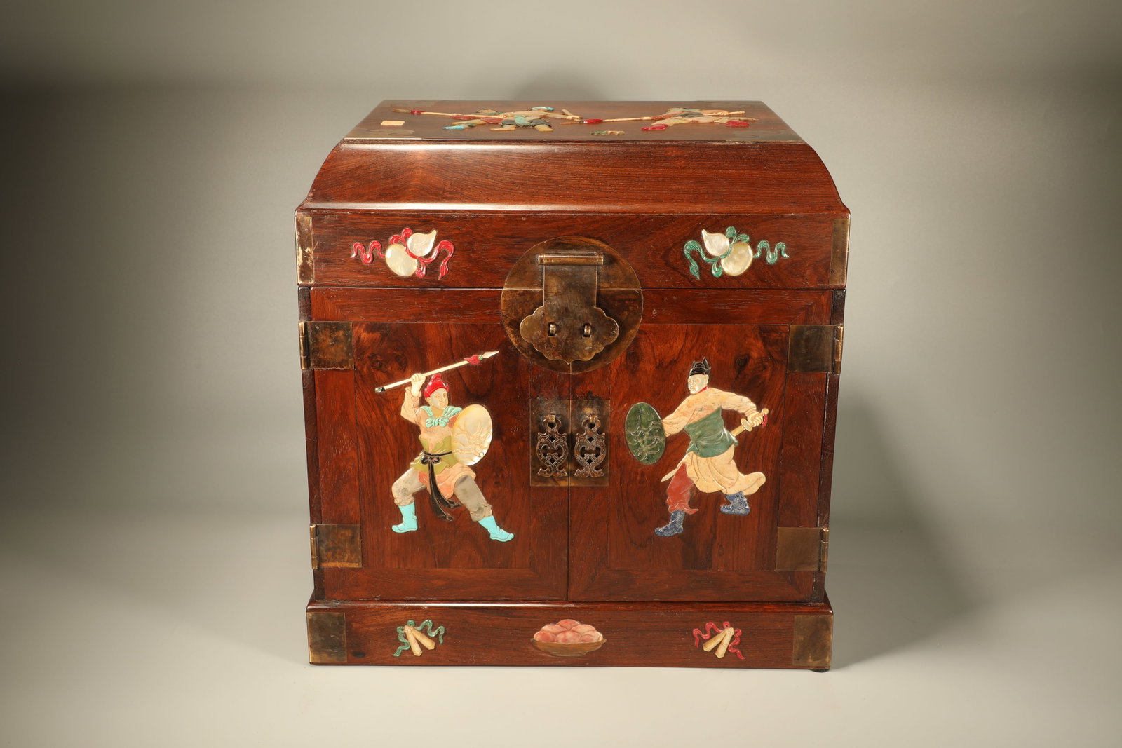 Huanghuali Wood Multi GemStone Inlaid Carved Character Story Pattern Lid Box: Huanghuali Wood Multi GemStone Inlaid Carved Character Story Pattern Lid Box (40 x 30 x 40cm)