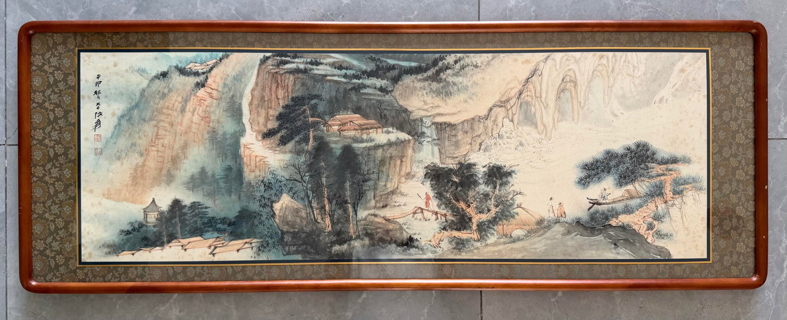 Chinese Drawing Landscape and Character Story Painting Wood Frame,Zhang Daqian Mark: Chinese Drawing Landscape and Character Story Painting Wood Frame,Zhang Daqian Mark (105 x 35cm)