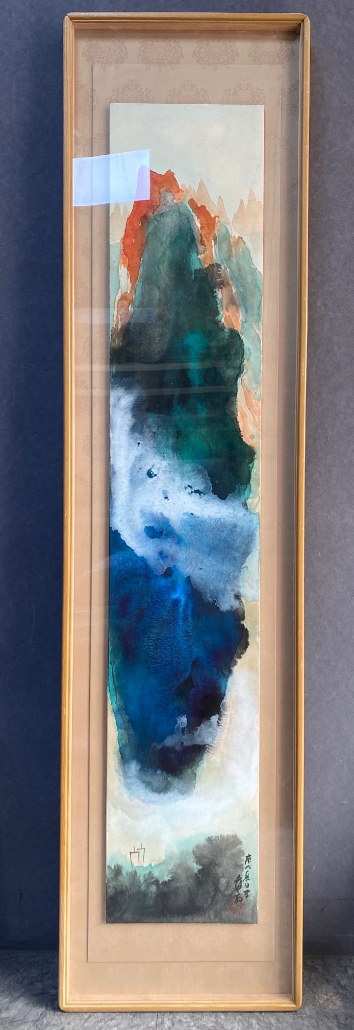 Chinese Drawing Colored Landscape Painting Wood Frame,Zhang Daqian Mark: Chinese Drawing Colored Landscape Painting Wood Frame,Zhang Daqian Mark (167 x 41cm)