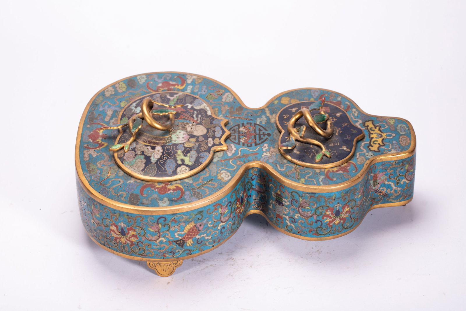 Bronze Cloisonne Carved Bat and Peach Pattern Gourd Shape Lid Box: Bronze Cloisonne Carved Bat and Peach Pattern Gourd Shape Lid Box (27 x 2 x 9cm,Weight 2160g)