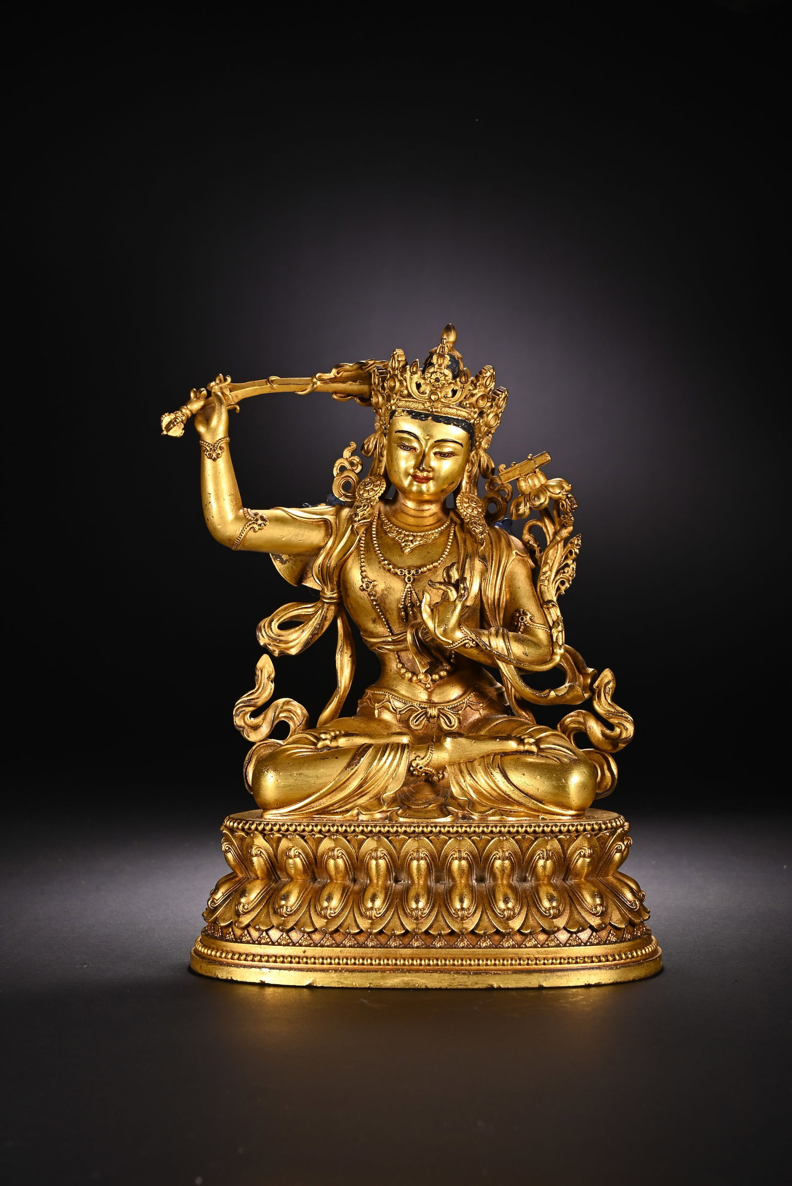 Gilt Bronze Manjushri Figure: Gilt Bronze Manjushri Figure (20 x 14.5cm)