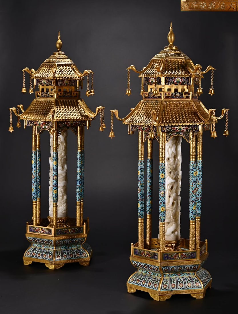 Pair of Bronze Cloisonne Inlaid Jade Carved Flower and Landscape Pattern Pillar: Pair of Bronze Cloisonne Inlaid Jade Carved Flower and Landscape Pattern Pillar (70 x 20cm)
