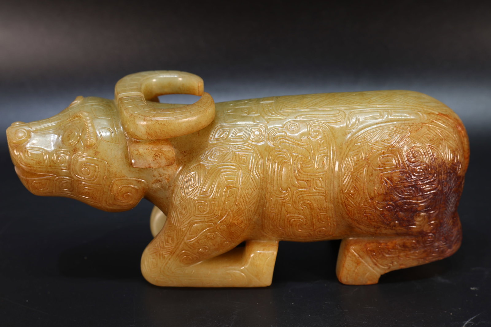 Jade Carved Beast Face Pattern Ox Shape Figure: Jade Carved Beast Face Pattern Ox Shape Figure (20 x 8.5 x 6cm)