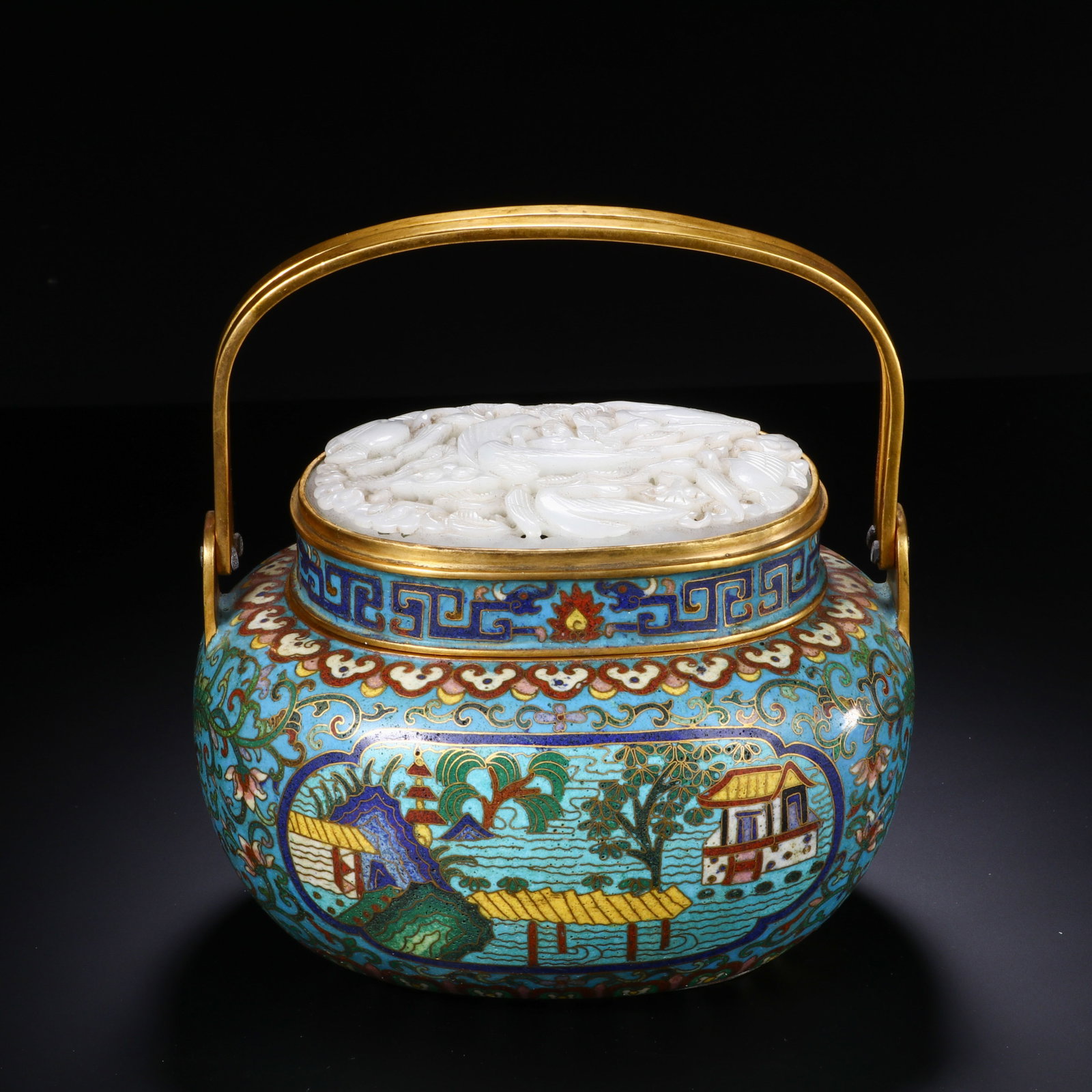 A Chinese Gilt Cloisonne Hand Warmer with Jade Cover (1 of 9)