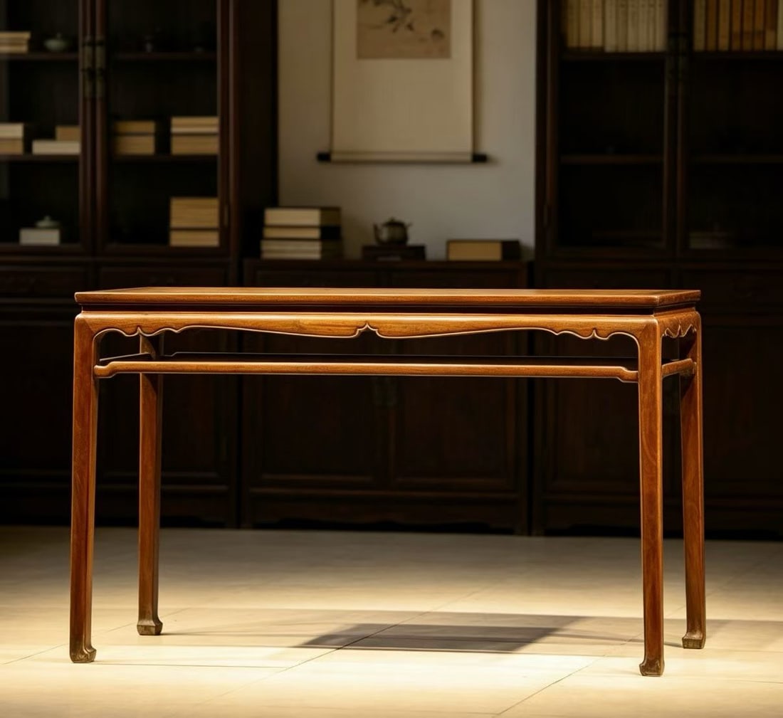 Huanghuali Wood Carved Reishi Mushroom Pattern Table: Huanghuali Wood Carved Reishi Mushroom Pattern Table (125 x 82 x 58cm)