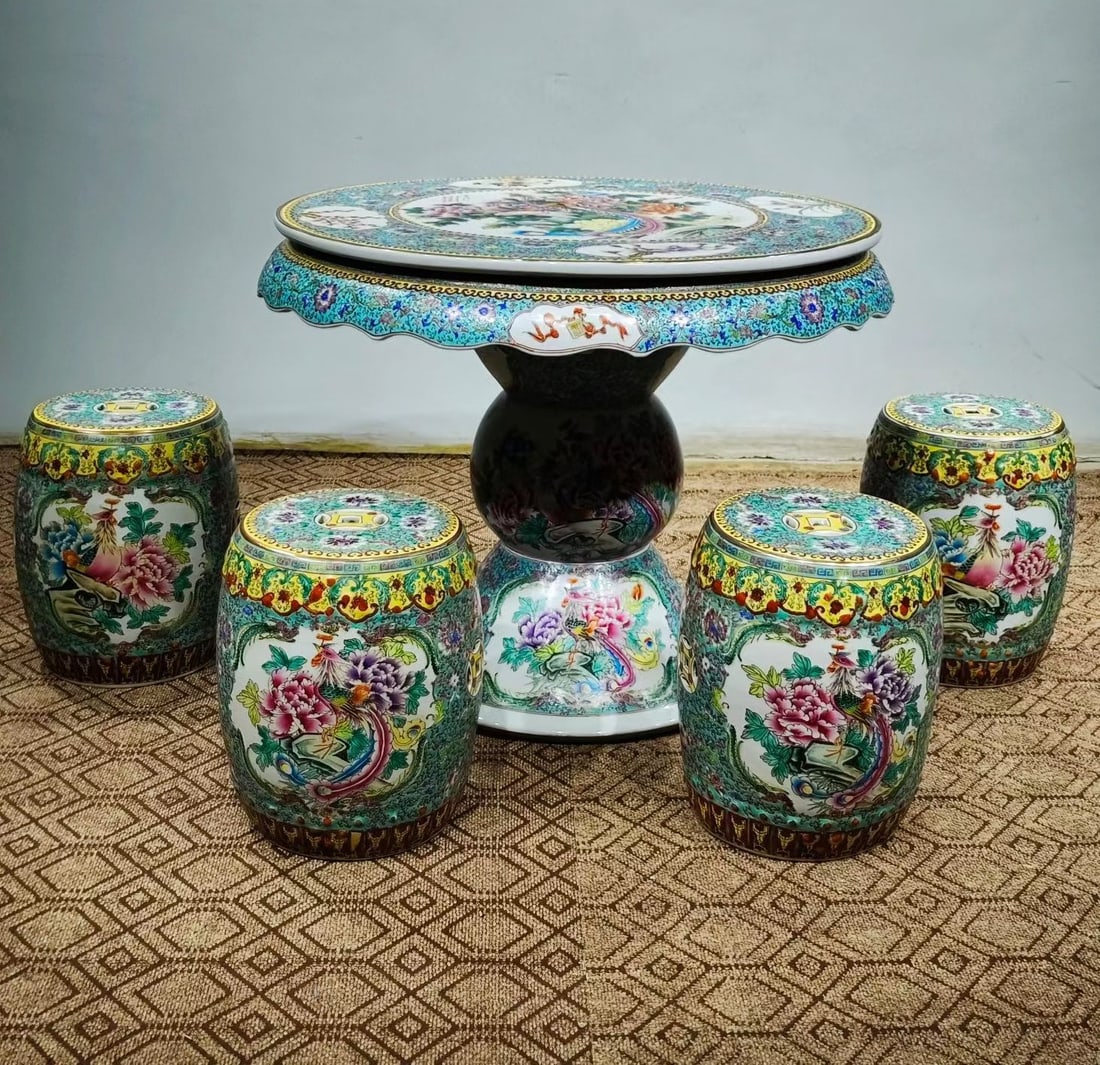 Group of Five Famille Rose Flower and Phoenix Pattern Porcelain Table and Stool: Group of Five Famille Rose Flower and Phoenix Pattern Porcelain Table and Stool (96 x 76cm,43 x 32cm)
