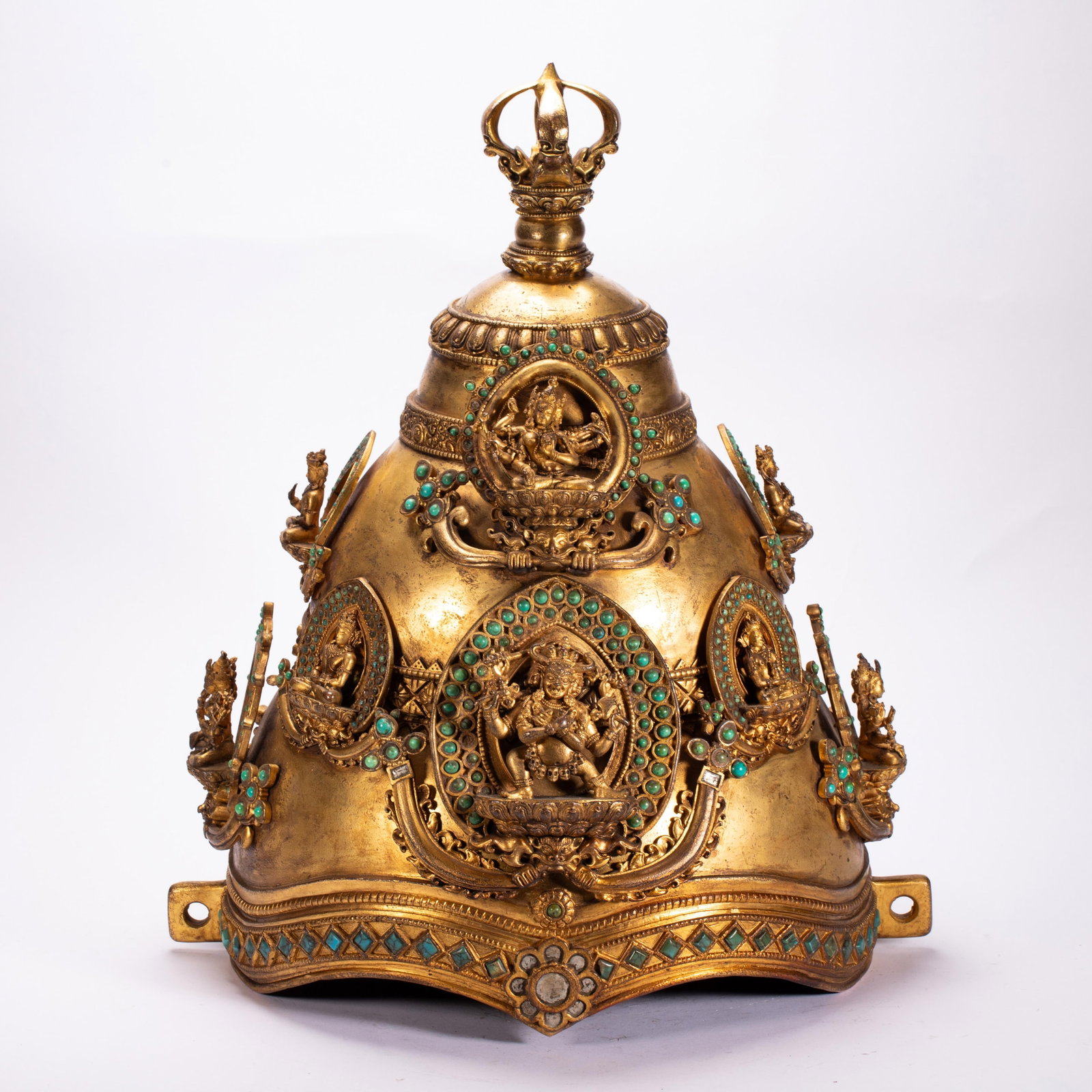 CHINESE GILT BRONZE RITUAL CROWN WITH TURQUOISE INLAY: CHINESE GILT BRONZE RITUAL CROWN WITH TURQUOISE INLAY (35 x 35 x 45cm,Weight 15360g)