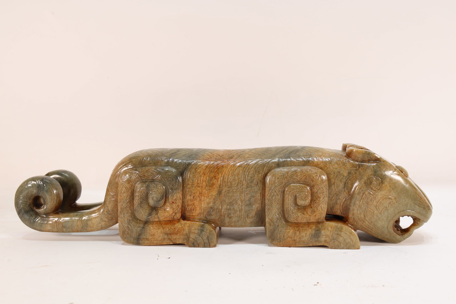 Jade Carved Beast Face Pattern Tiger Shape Figure: Jade Carved Beast Face Pattern Tiger Shape Figure (45 x 10.3 x 9cm)