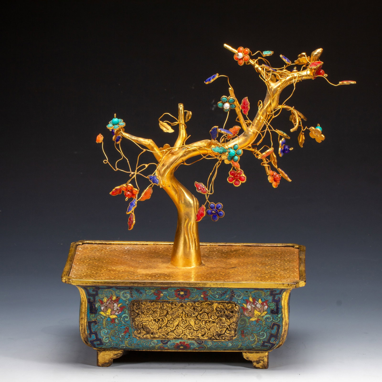Chinese Cloisonne Hardstone-Inlaid Tree Planter: Chinese Cloisonne Hardstone-Inlaid Tree Planter (21 x 14 x 28cm,Weight 1480g)