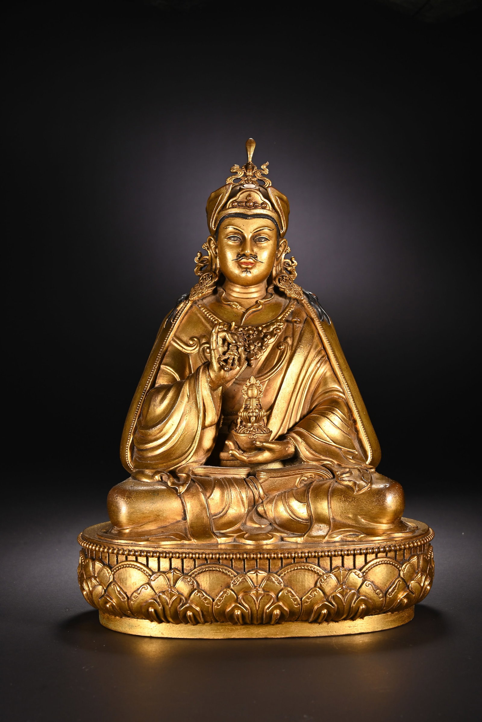 Gilt Bronze Padmasambhava Figure: Gilt Bronze Padmasambhava Figure (26 x 19cm)