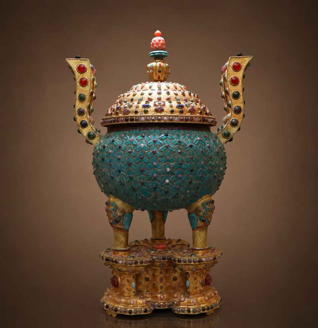 Gilt Bronze Inlaid Gem Stone Carved Double Ears Incense Burner: Gilt Bronze Inlaid Gem Stone Carved Double Ears Incense Burner (48 x 36cm,6215g)