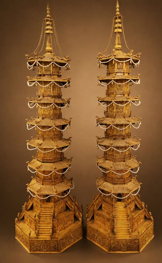 Pair of Gilt Bronze Inlaid White Pearl Carved Buddha Pattern Pagoba: Pair of Gilt Bronze Inlaid White Pearl Carved Buddha Pattern Pagoba (143cm,50kg)