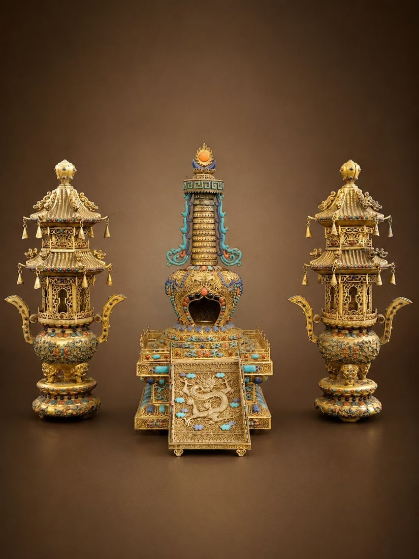 Group of Three Gilt Bronze Inlaid Gem Stone and Blue Enameled Carved Flower and Dragon Pattern (1 of 8)