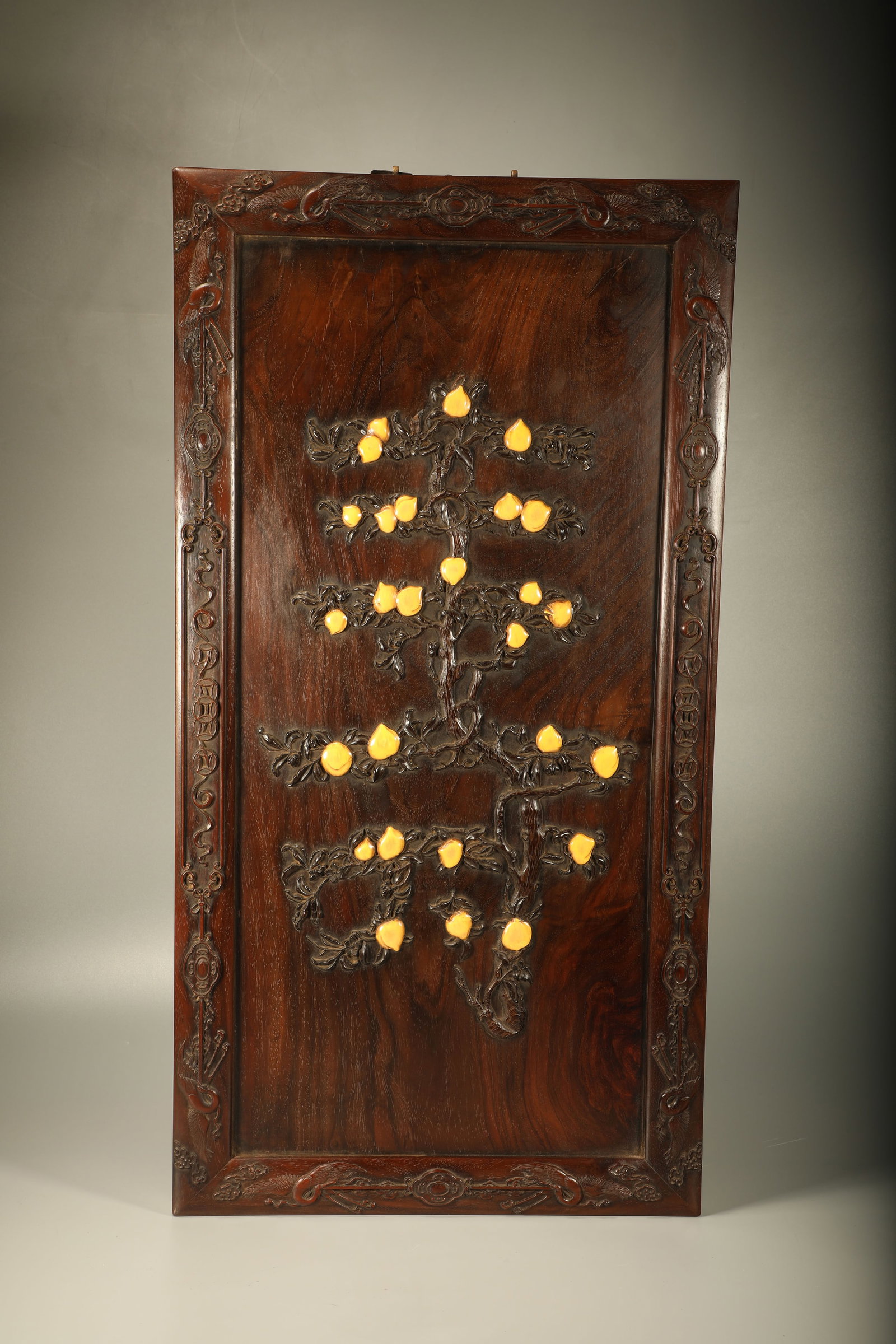 Huanghuali Wood Inlaid Red Sandalwood Carved Peach Pattern Wall Panel (1 of 6)