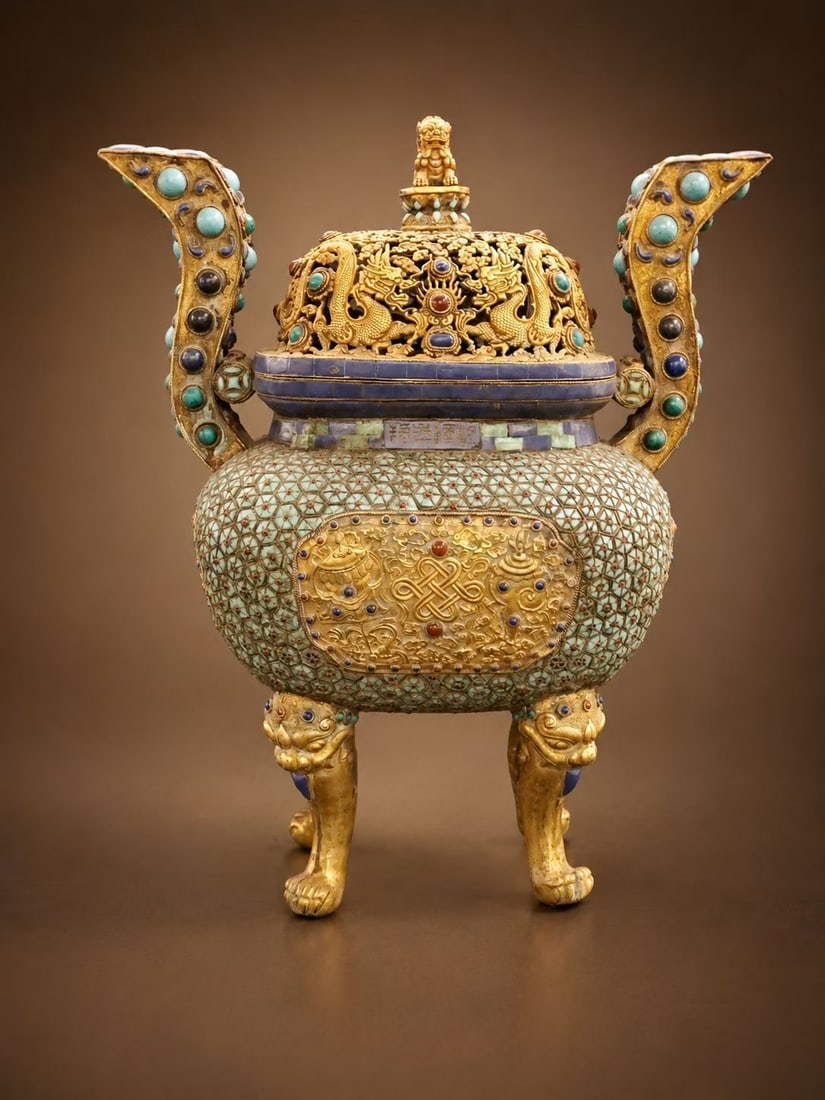 Gilt Bronze Inlaid Gem Stone Carved Cloud and Dragon Pattern Double Ears Incense Burner (1 of 9)