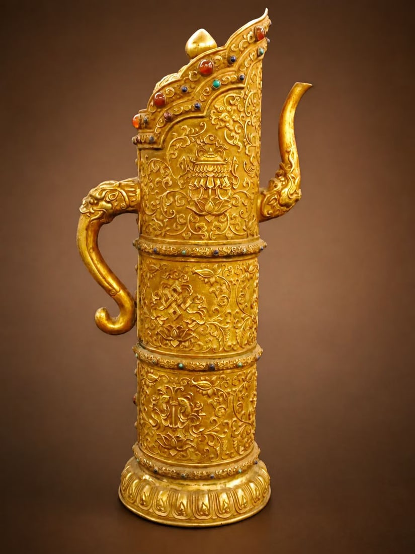 Gilt Bronze Inlaid Gem Stone Carved Flower Branch and Eight Treasure Pattern Pot (1 of 9)